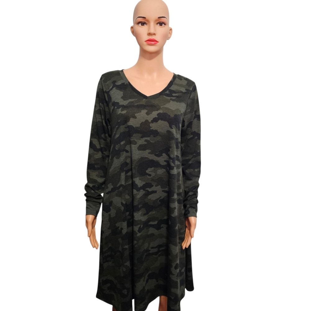 LulaRoe Emily Camo Long Sleeve With Pockets Bohemian-Military Dress Sz S